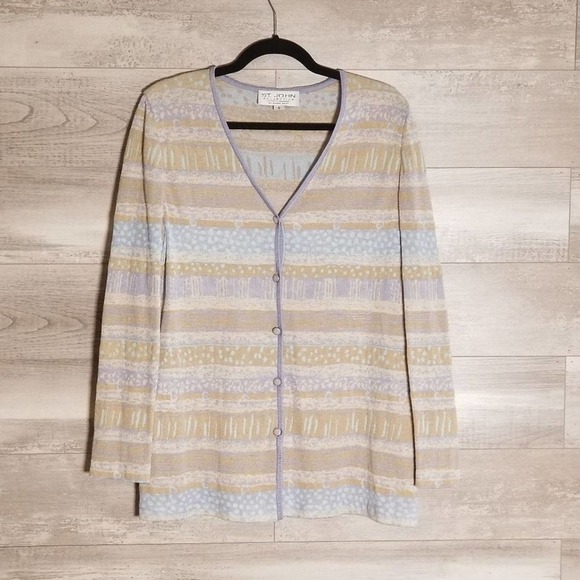St. John Stripe Pattern V-Neck Knit Button Down Cardigan Sweater Size 8 Tan Blue - Picture 2 of 5